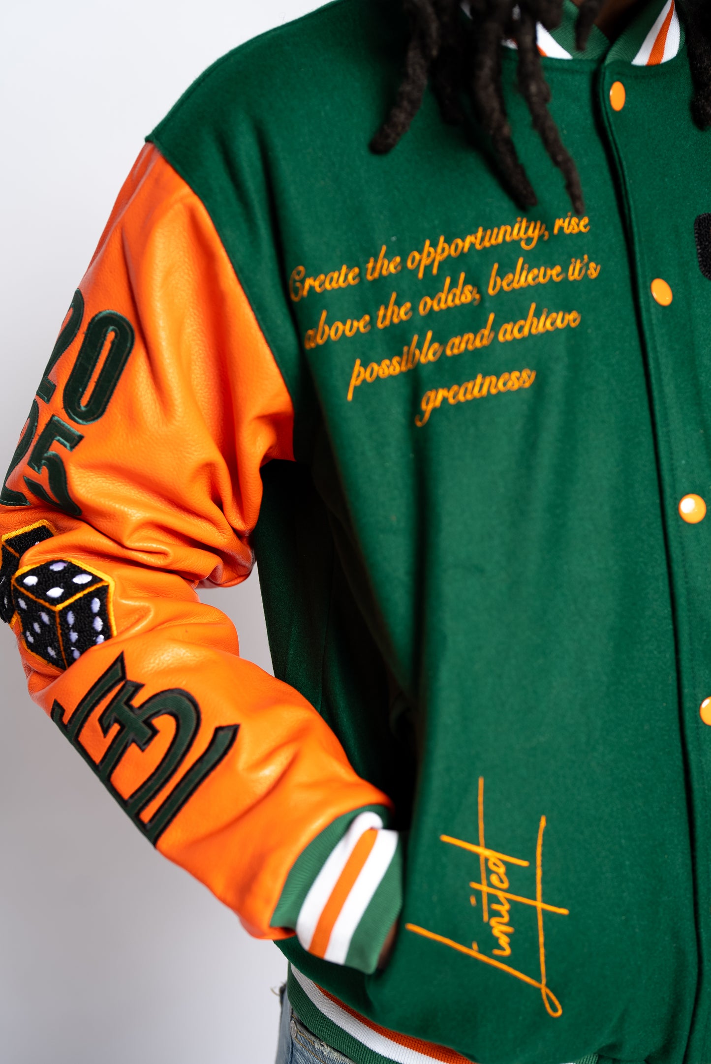 STL EDITION GREEN & ORANGE LETTERMAN VARSITY JACKET