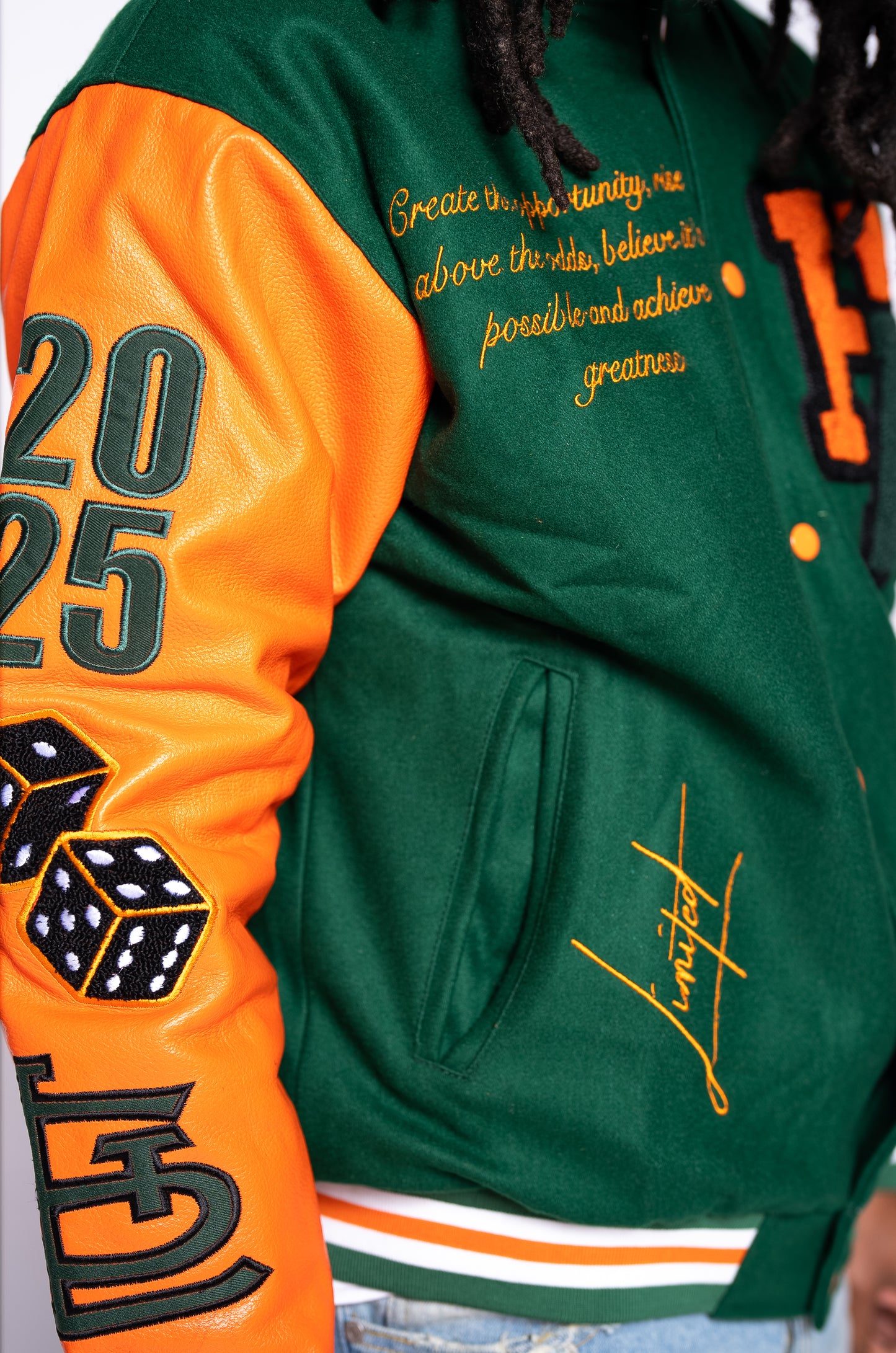 STL EDITION GREEN & ORANGE LETTERMAN VARSITY JACKET