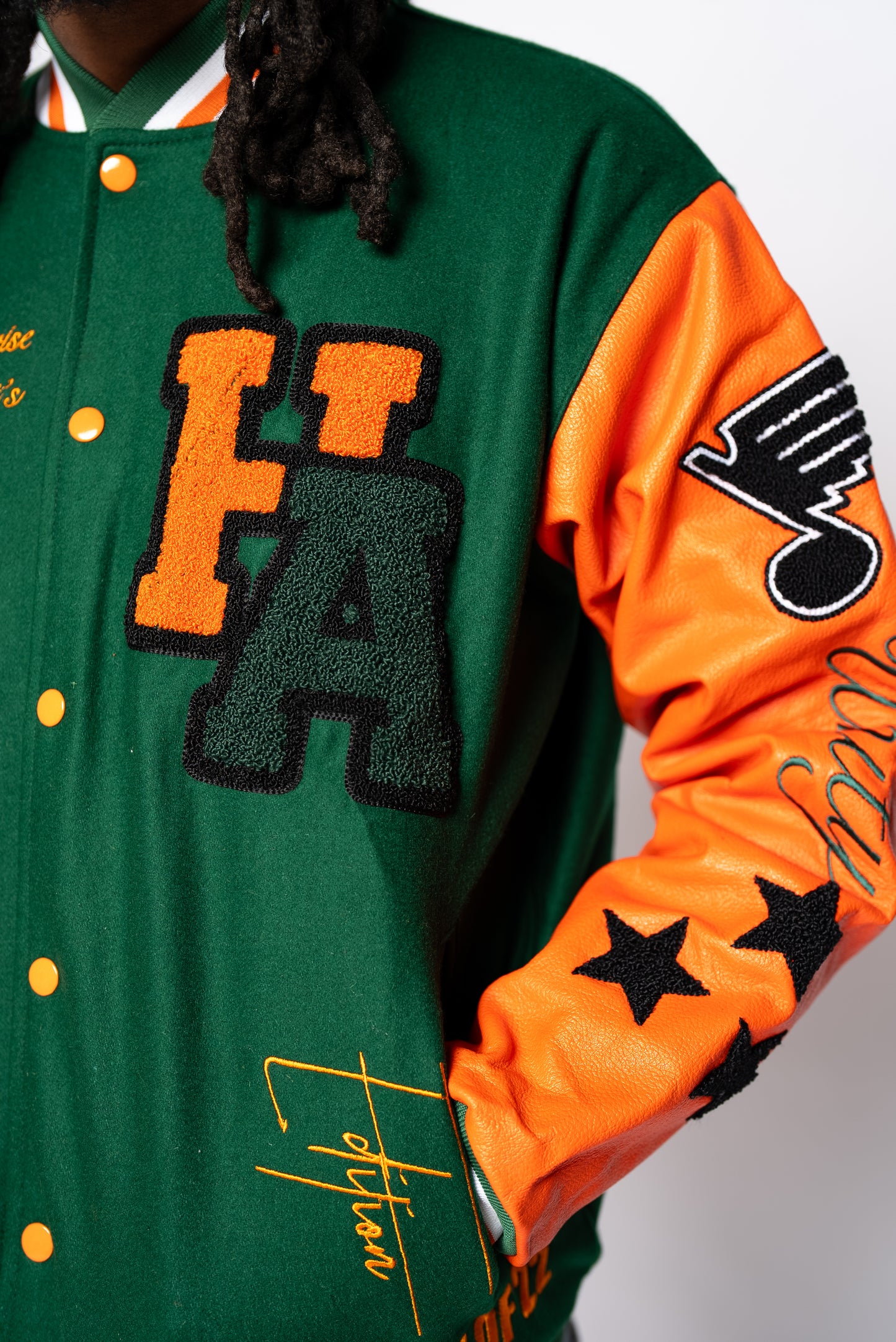 STL EDITION GREEN & ORANGE LETTERMAN VARSITY JACKET