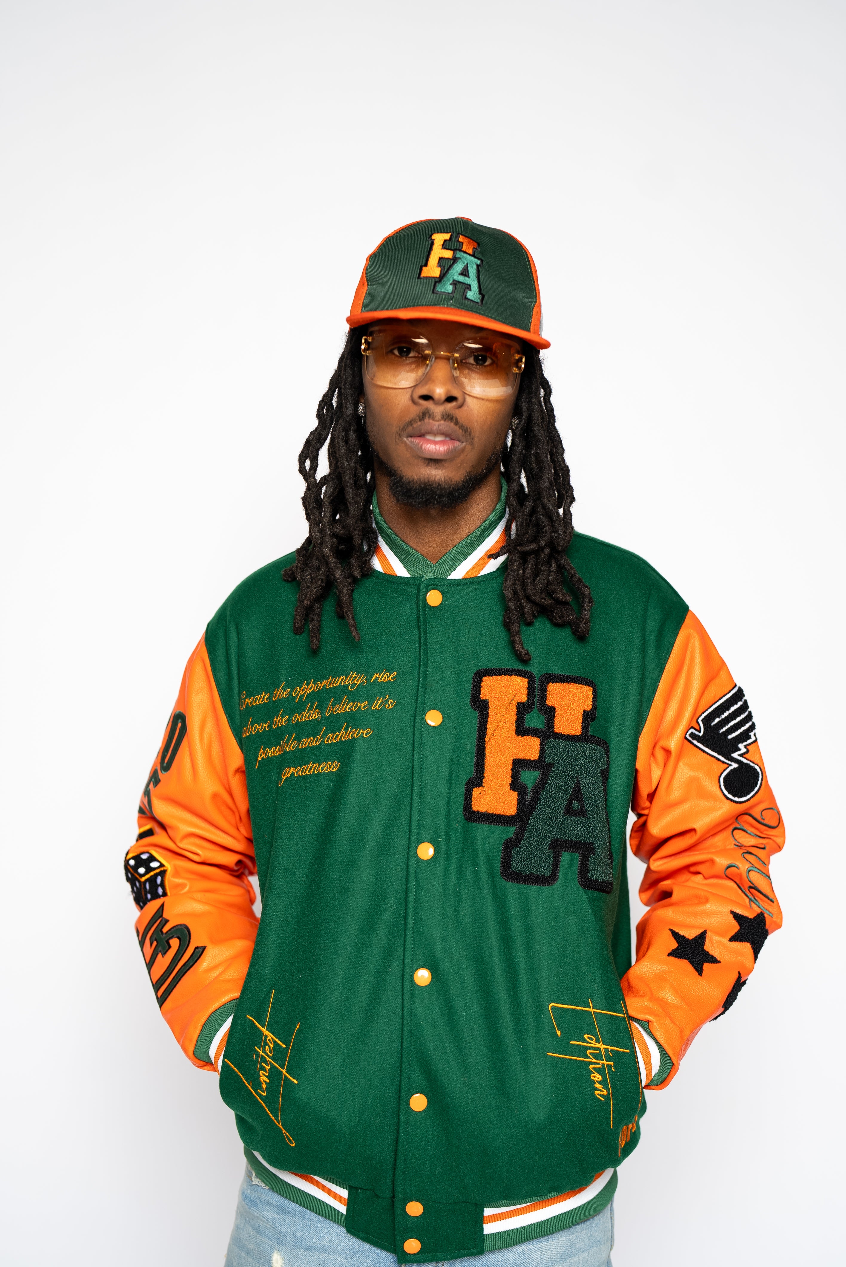 STL EDITION GREEN ORANGE LETTERMAN VARSITY JACKET HoodAlpha